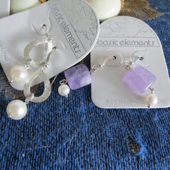 3 pairs Sterling Silver Earrings, Amethyst-Pearl - Picture 4 of 5